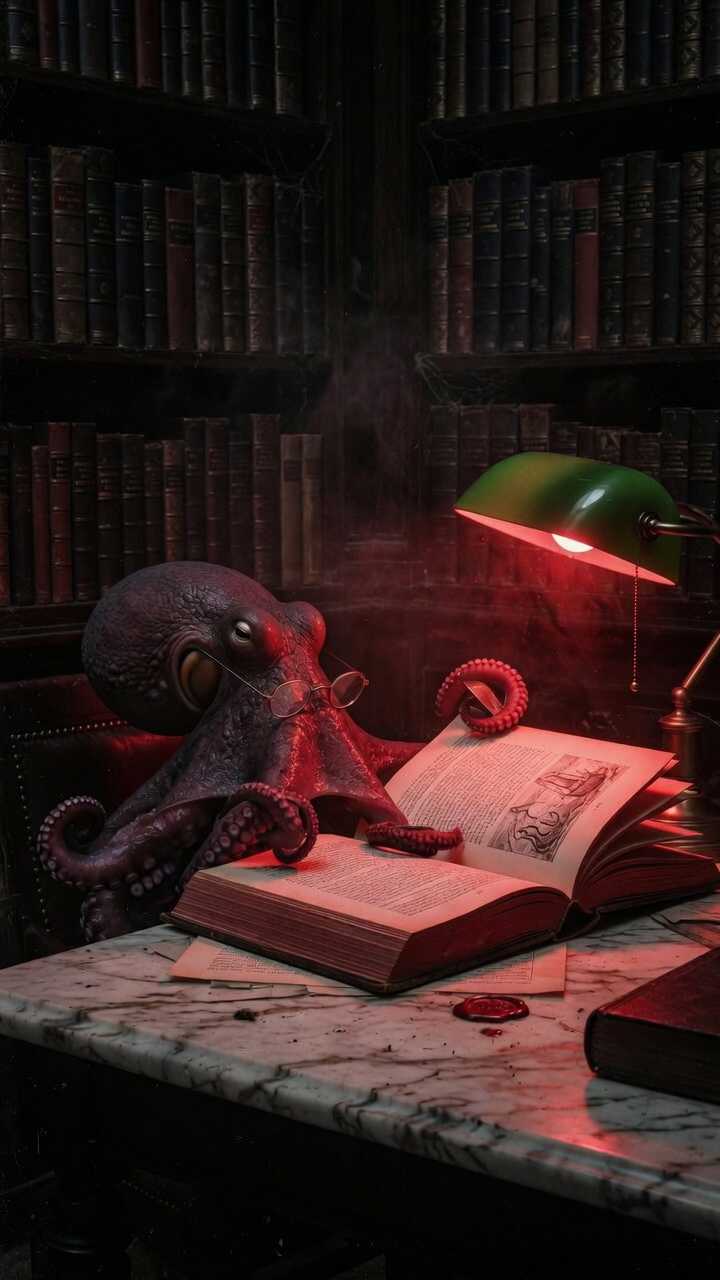 Octopus Reading a Book in a Vintage Library