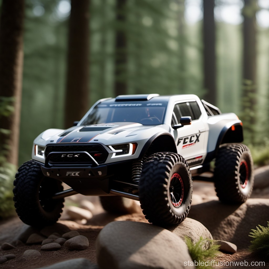 Off-Road RC Truck Conquering Rocky Terrain in Forest