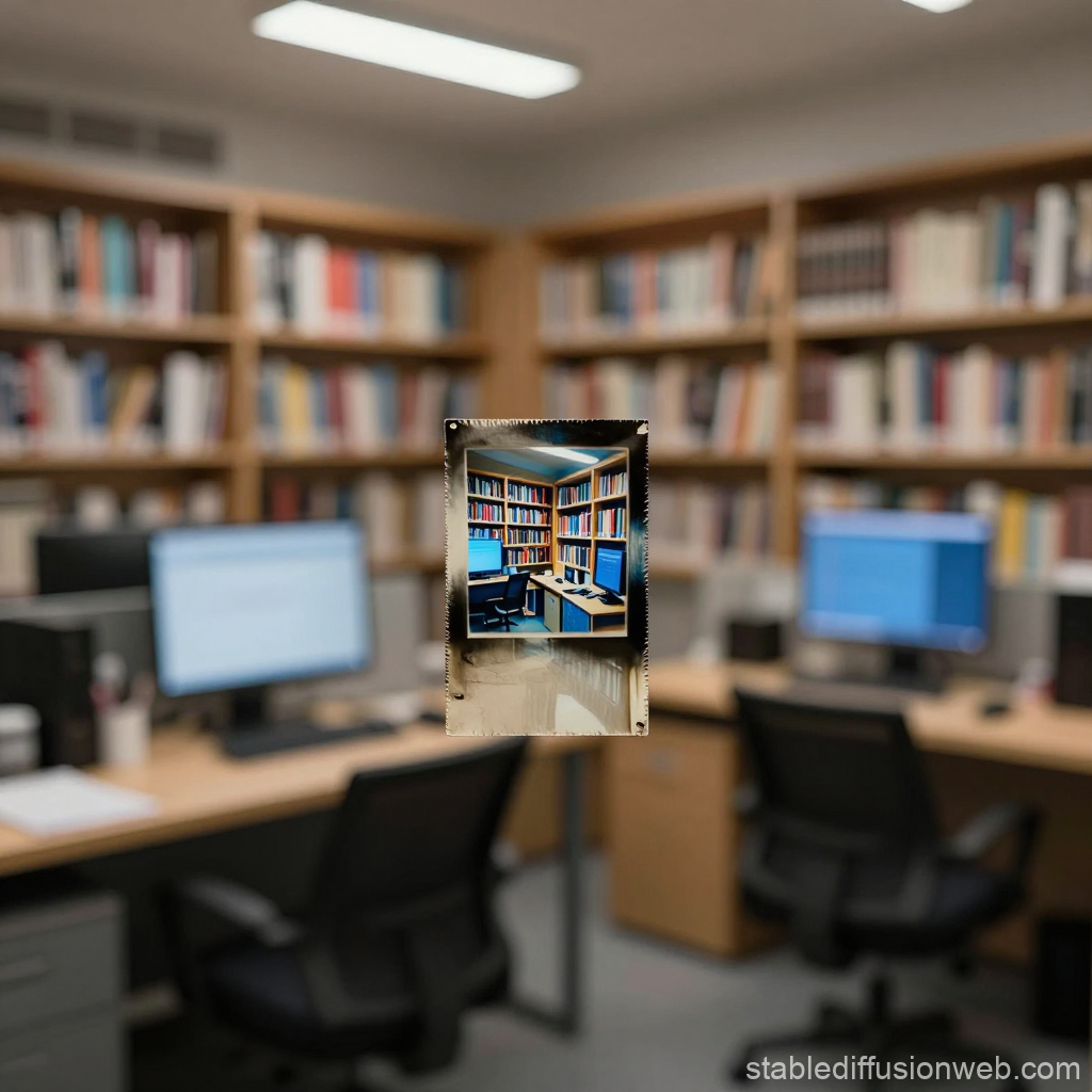 Office Workspace with Bookshelves and Computer Screens