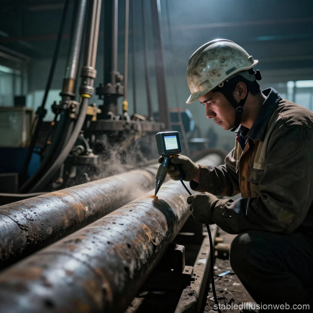 Oil Field Engineer Performing NDT Inspection on Pipes