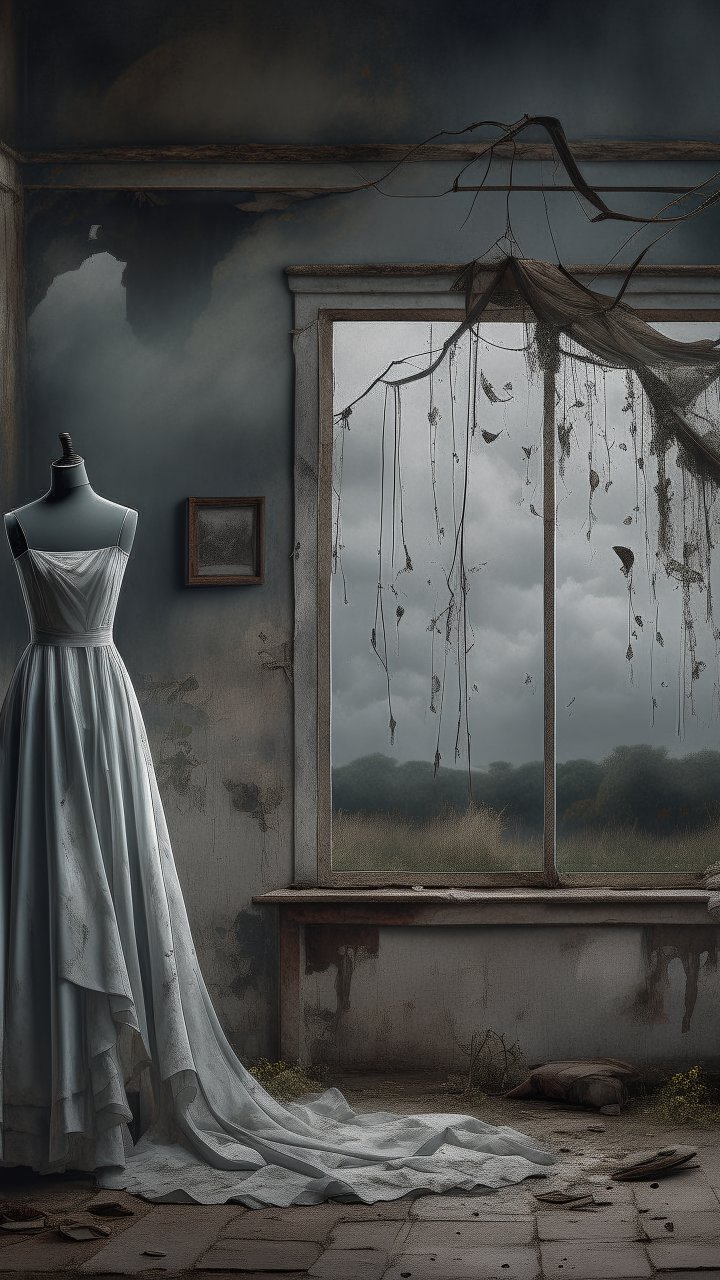 Old Dusty Wedding Dress in Abandoned Room