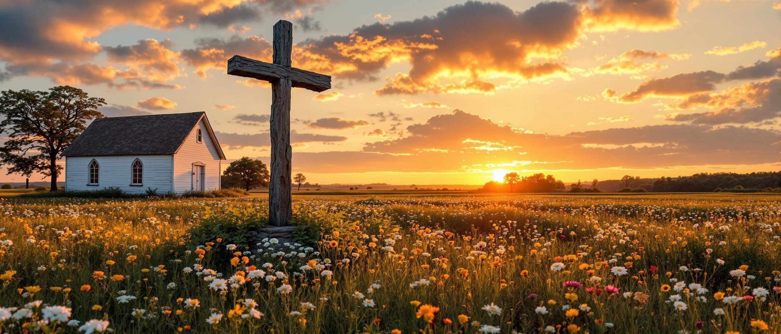 Old Rugged Cross at Sunset in a Flower Field