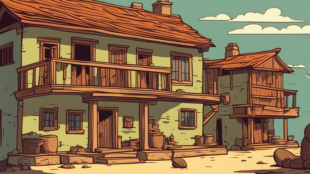 Old Rustic House with Wooden Balcony in Cartoon Style