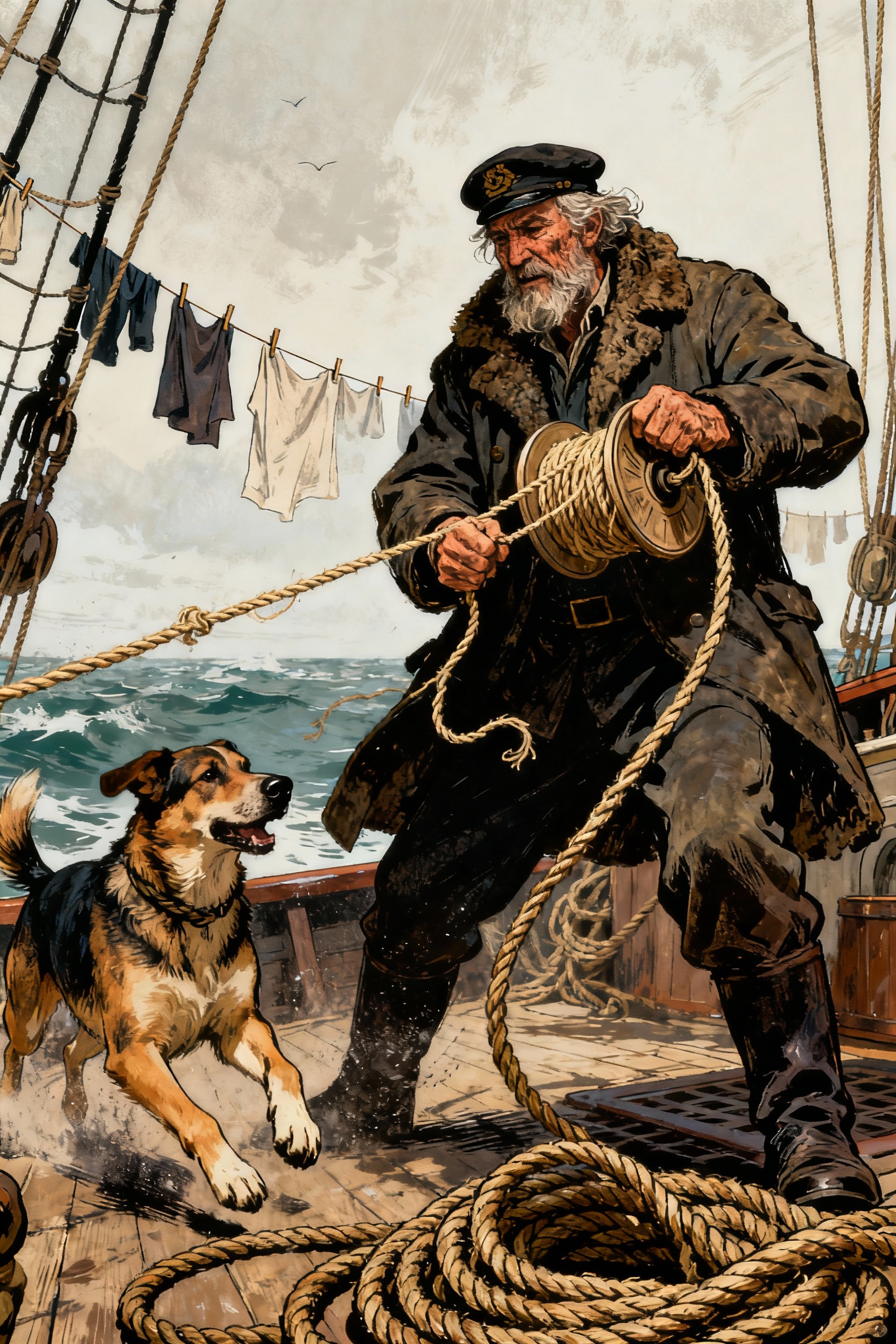 Old Sea Captain Working with Rope on Ship Deck with Dog