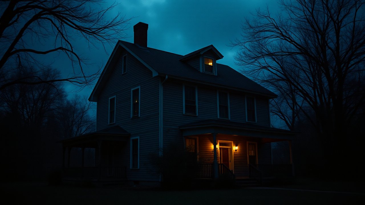 Old Two-Story American House at Night with Warm Porch Light