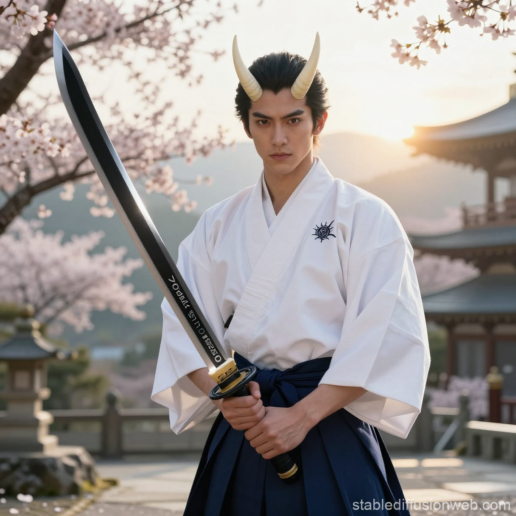 Oni Immortal Warrior with Katana in Cherry Blossom Temple
