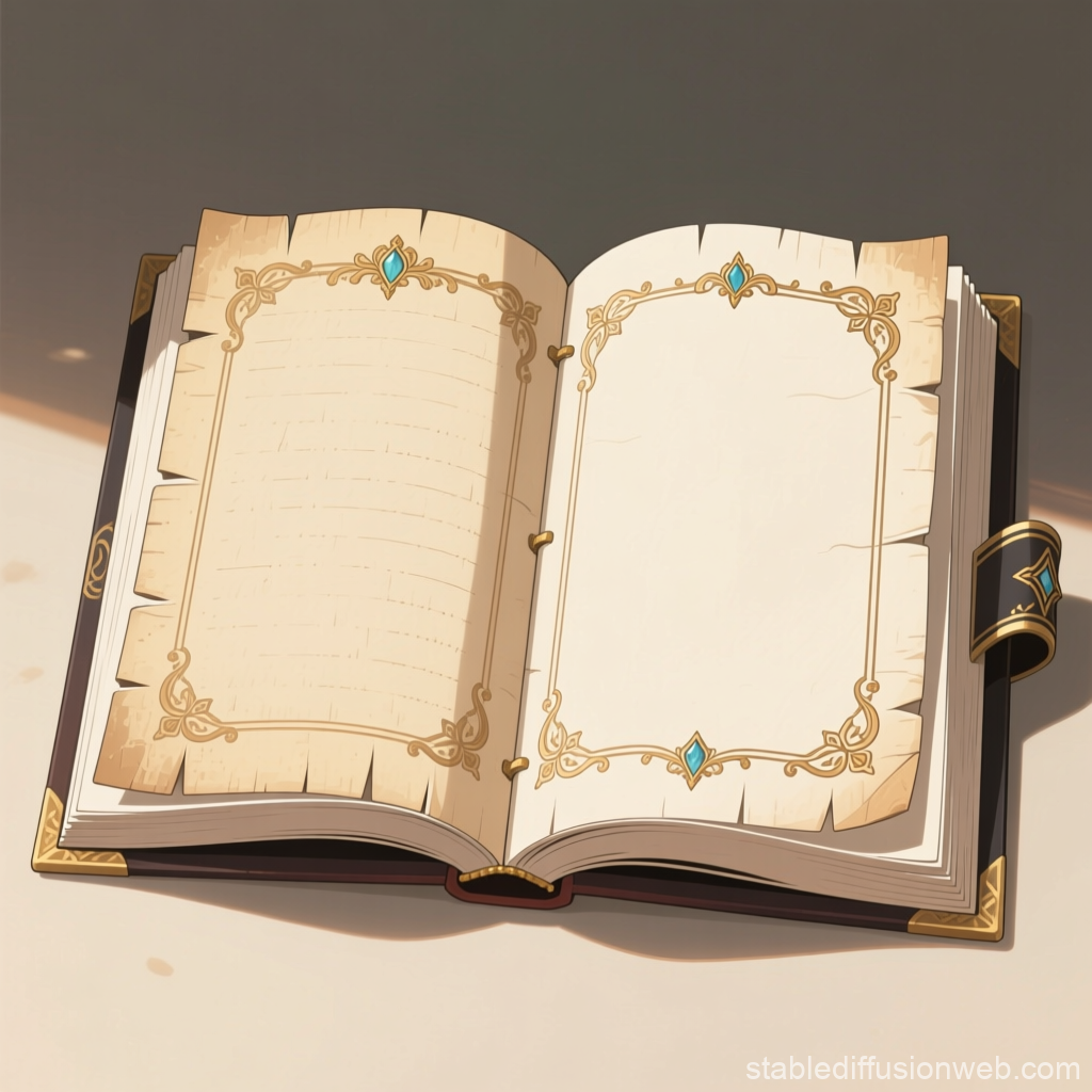 Open Antique Book with Ornate Borders in Anime Style