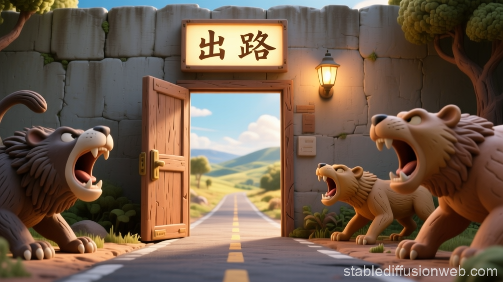 Open Doorway to a Road with Roaring Bears Guarding