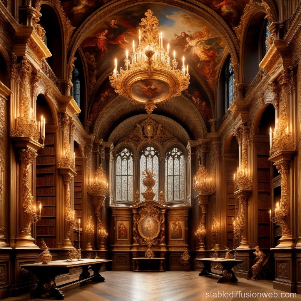 Opulent Baroque Library Interior with Golden Chandeliers