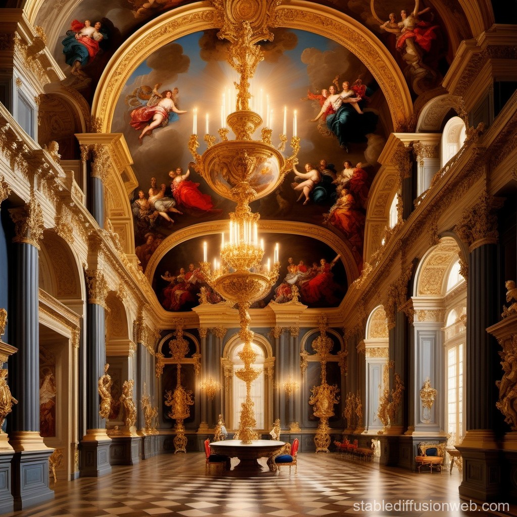 Opulent Baroque Palace Hall with Grand Chandelier and Ceiling Frescoes
