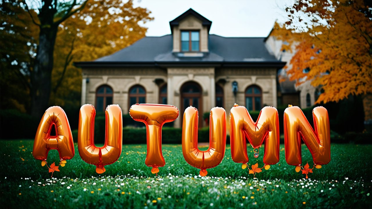 Orange Balloons Spelling AUTUMN in Front of a House
