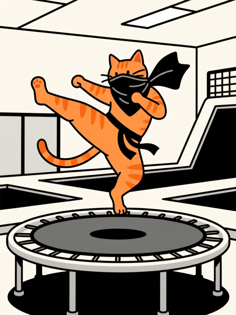 Orange Cat Ninja Performing Kick on Trampoline