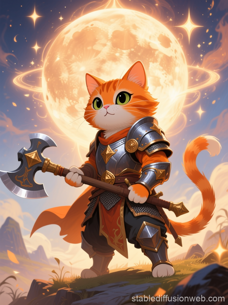 Orange Cat Warrior in Shining Armor with Battle Axe