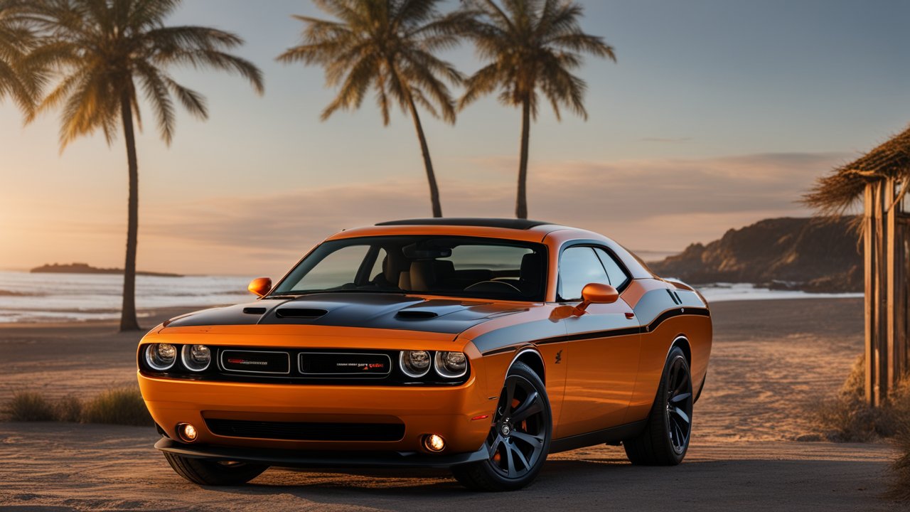 Orange Dodge Challenger at Sunset Beach