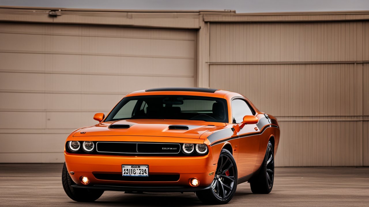 Orange Dodge Challenger Muscle Car Front View
