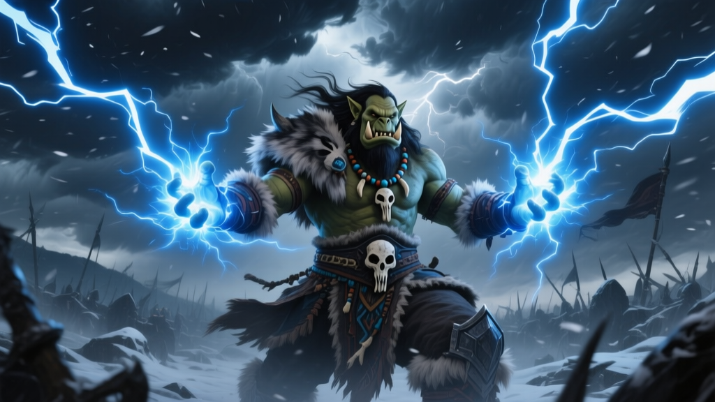Orc Shaman Summoning Lightning in a Stormy Battlefield