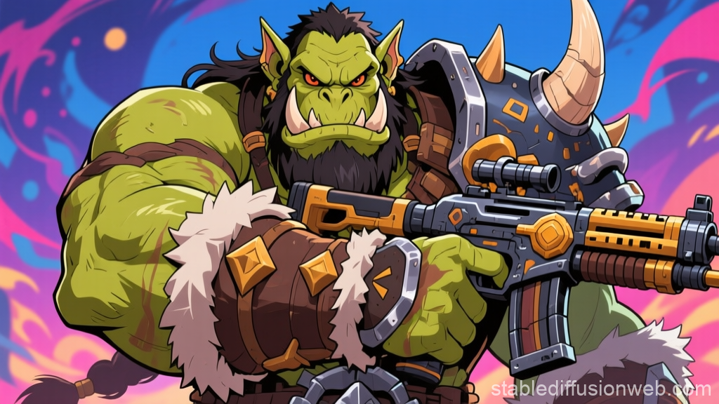 Orc Warrior Armed with Futuristic Rifle in Vibrant Anime Style