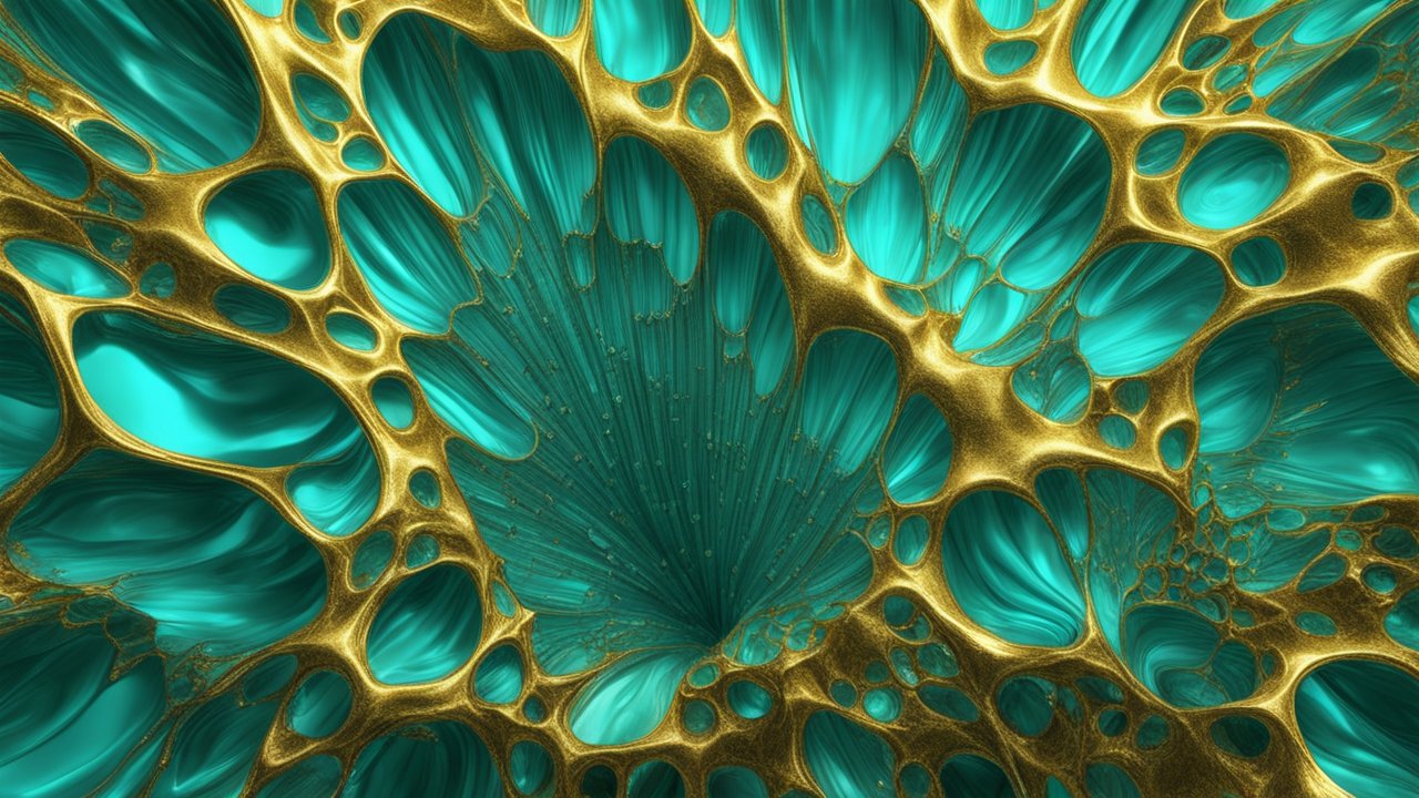 Organic Multicellular Structure with Gold and Turquoise Elements