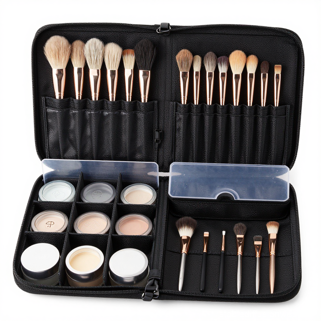 Organized Makeup Brush Set with Cosmetic Containers in Black Case