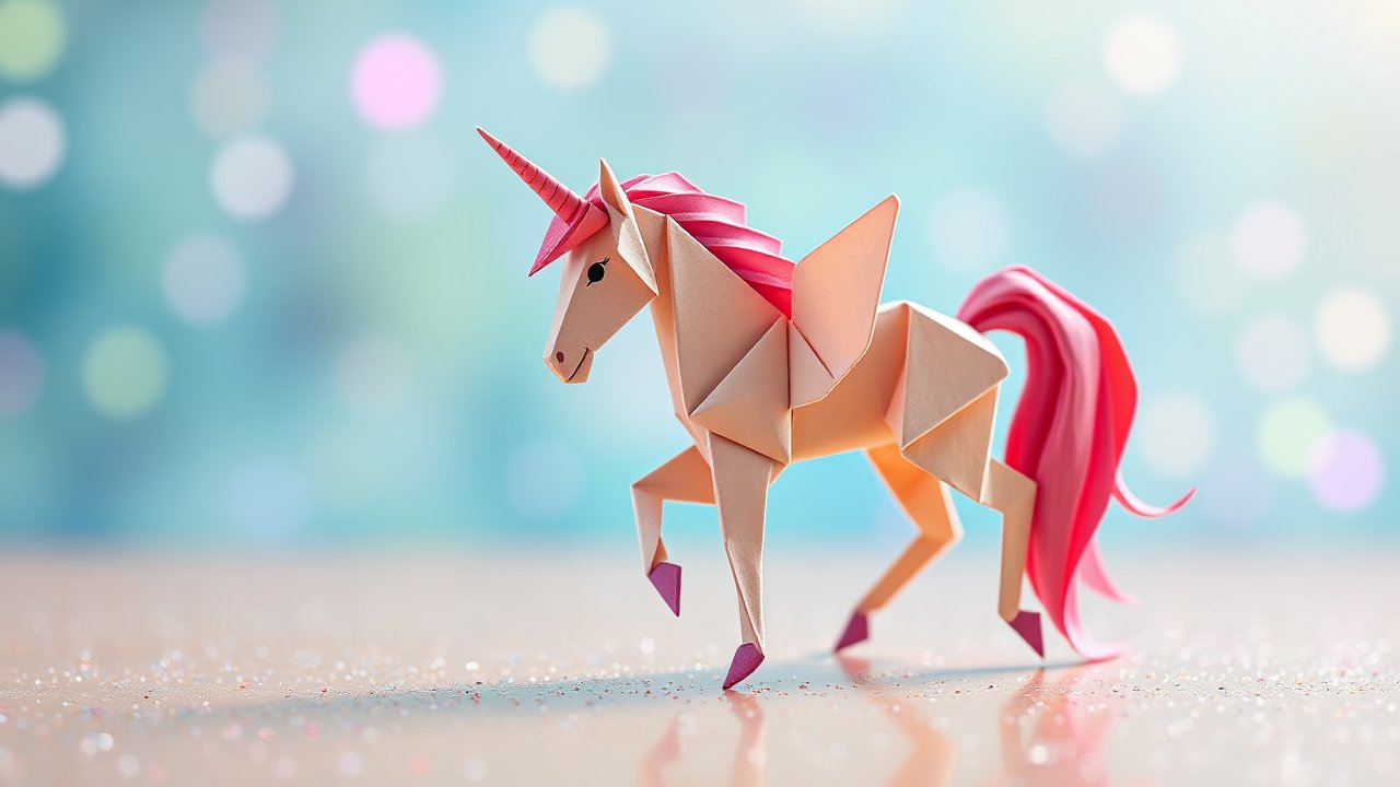 Origami Unicorn with Pink Mane on Sparkling Surface