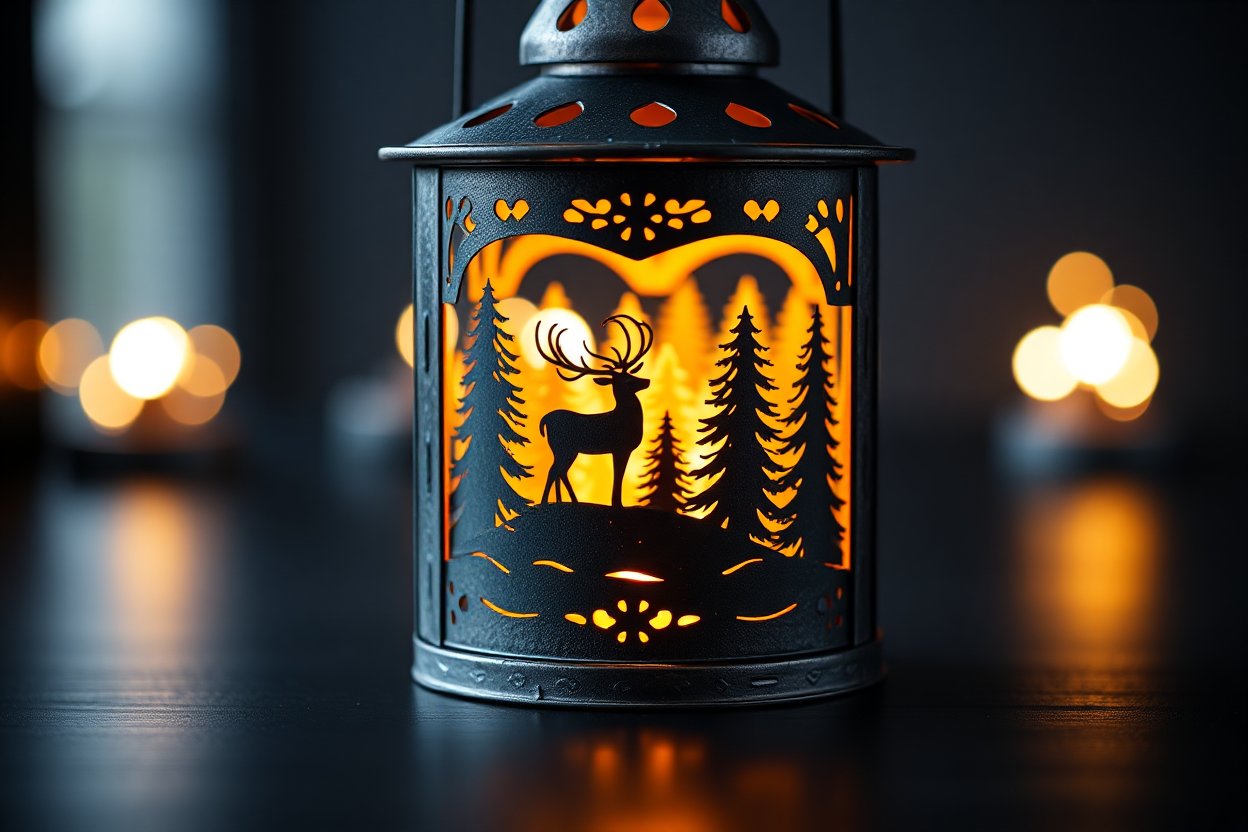 Ornamental Metal Lantern with Deer and Pine Tree Silhouettes