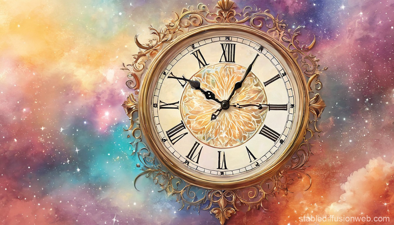 Ornate Clock Face Against a Colorful Cosmic Background