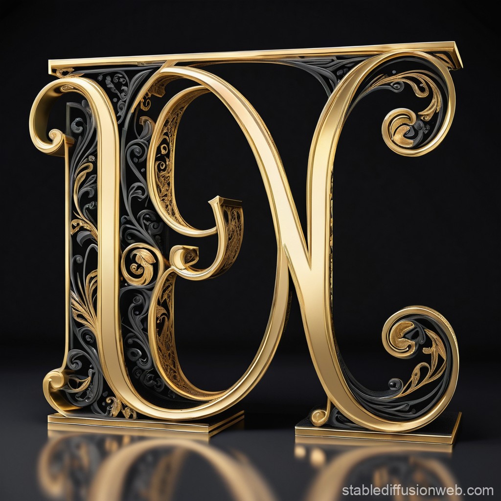 Ornate Gold and Black Letter N with Intricate Floral Patterns