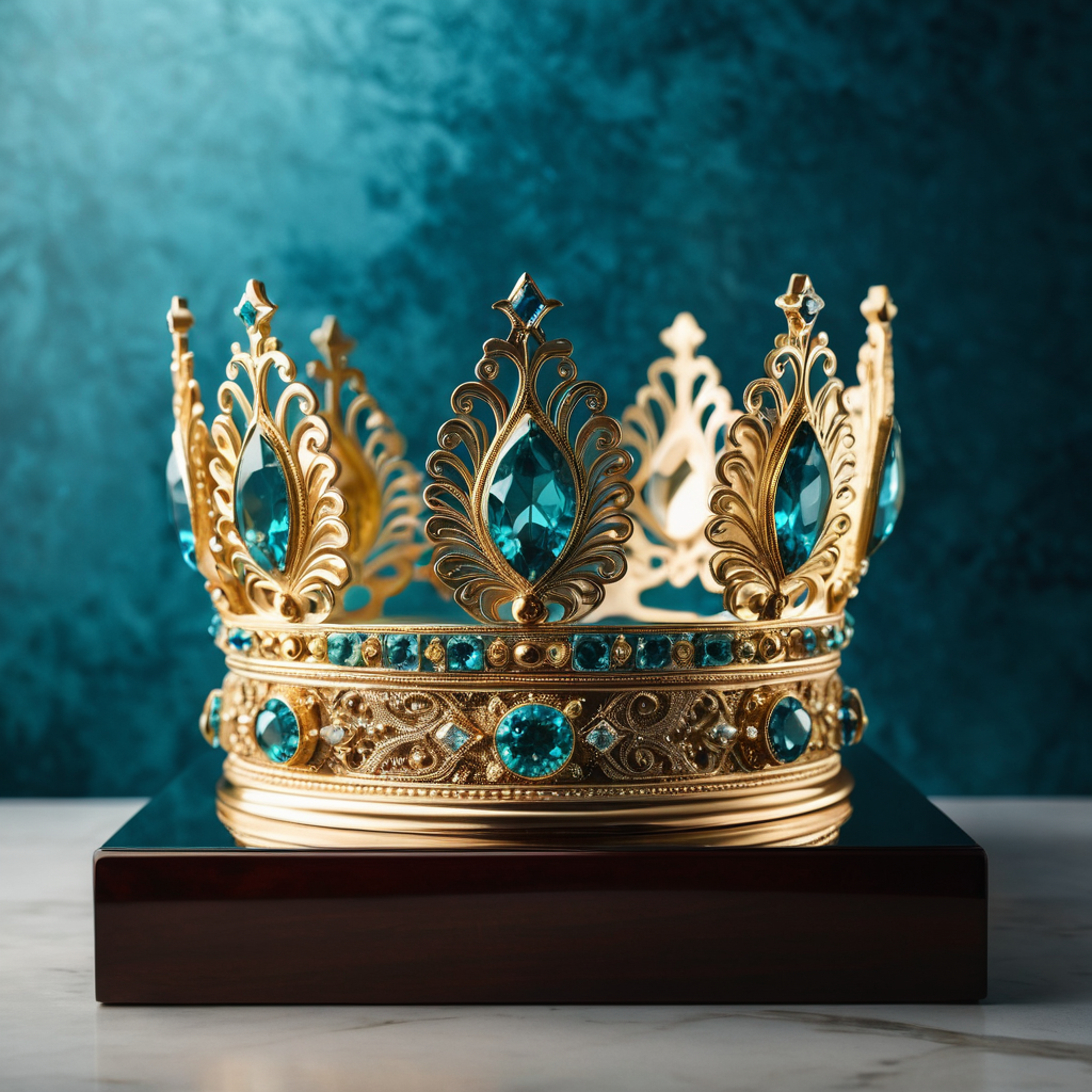 Ornate Gold Crown with Blue Gemstones on Display