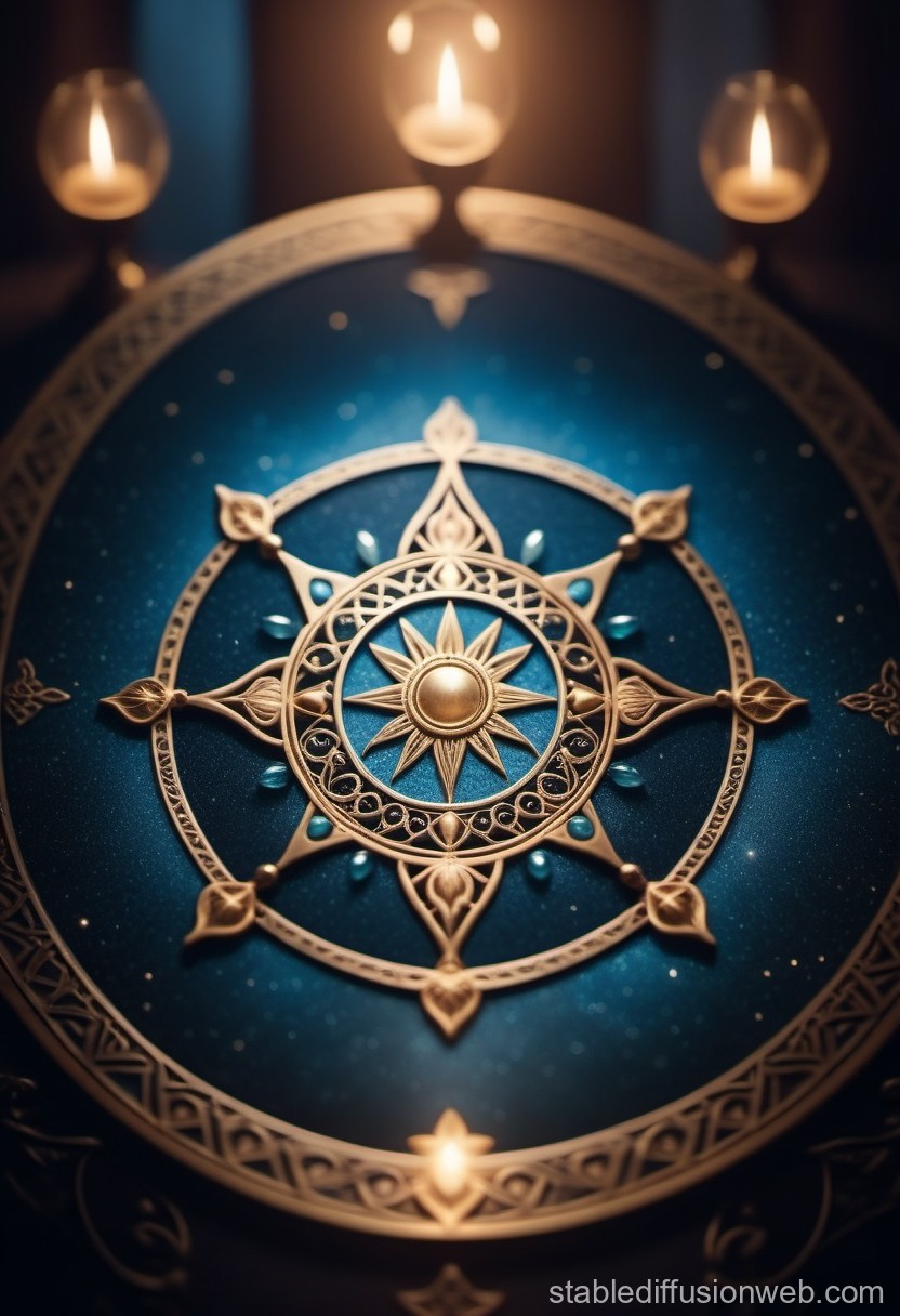 Ornate Golden Compass Rose on Blue Surface with Candlelight
