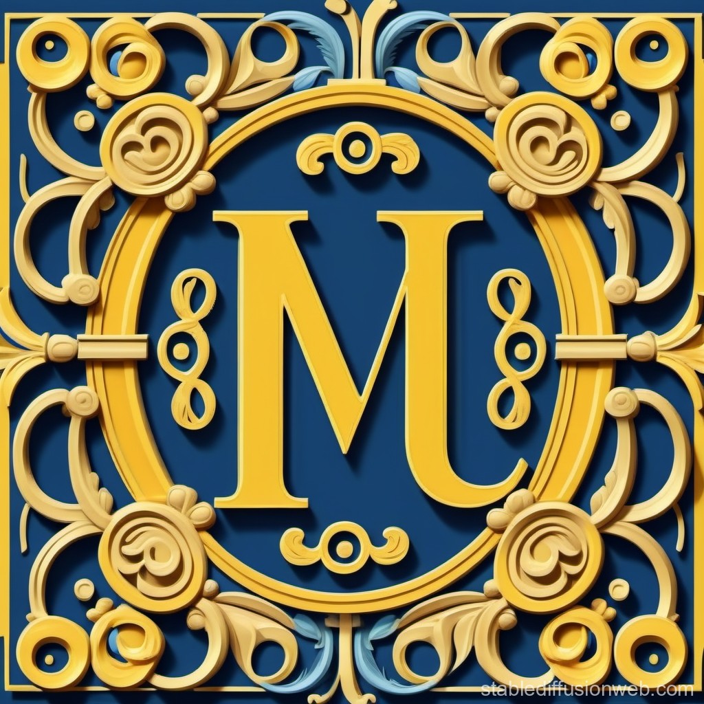 Ornate Golden Letter M on Blue Background