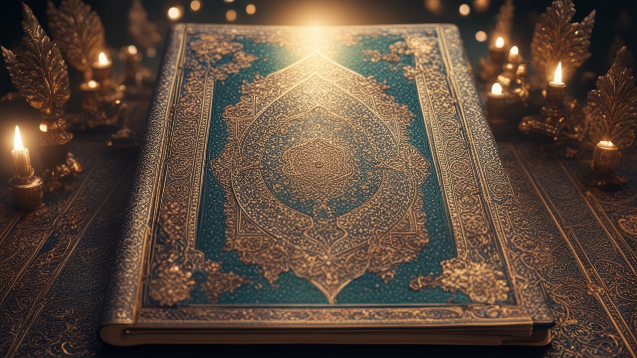 Ornate Holy Quran with Golden Embossed Cover and Candlelight