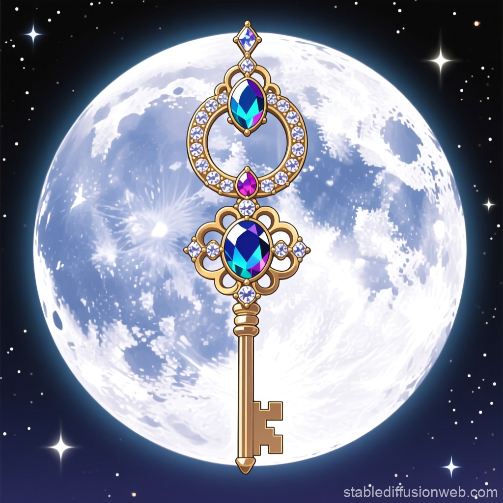 Ornate Jewel-Encrusted Key Against a Full Moon
