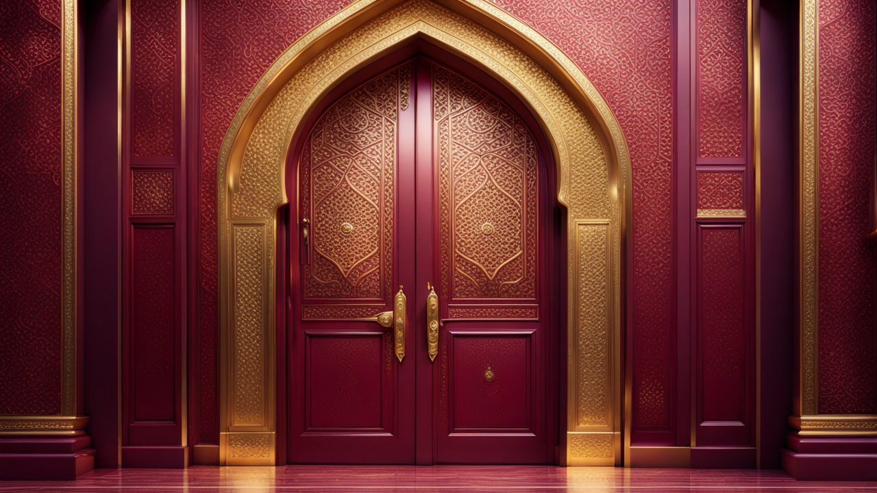 Ornate Red and Gold Arched Door with Intricate Patterns