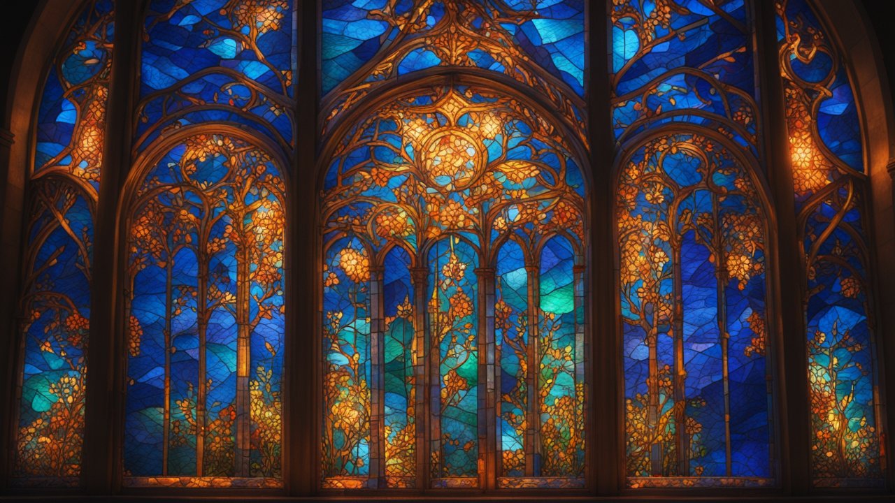 Ornate Stained Glass Window with Blue and Gold Floral Design