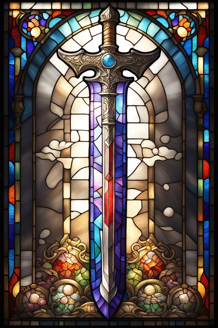 Ornate Sword in Stained Glass Window