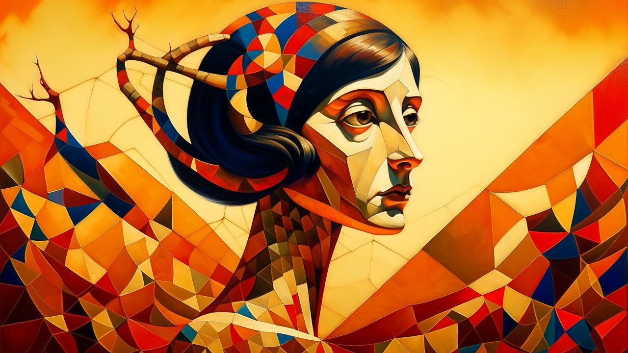 Orphism Style Abstract Portrait with Geometric Patterns