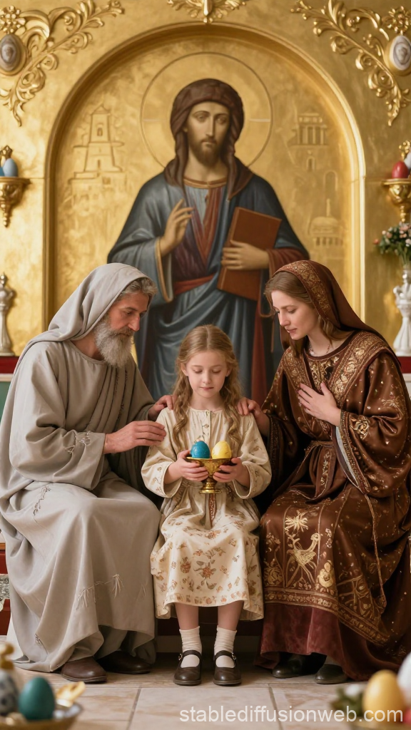 Orthodox Easter Family Celebration with Painted Eggs