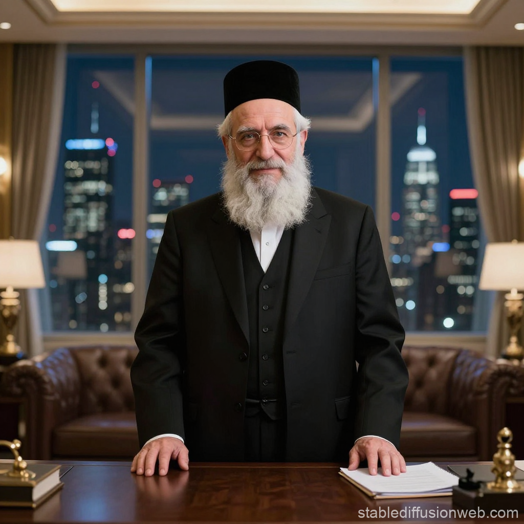 Orthodox Rabbi Mentor in Elegant Office with Cityscape View