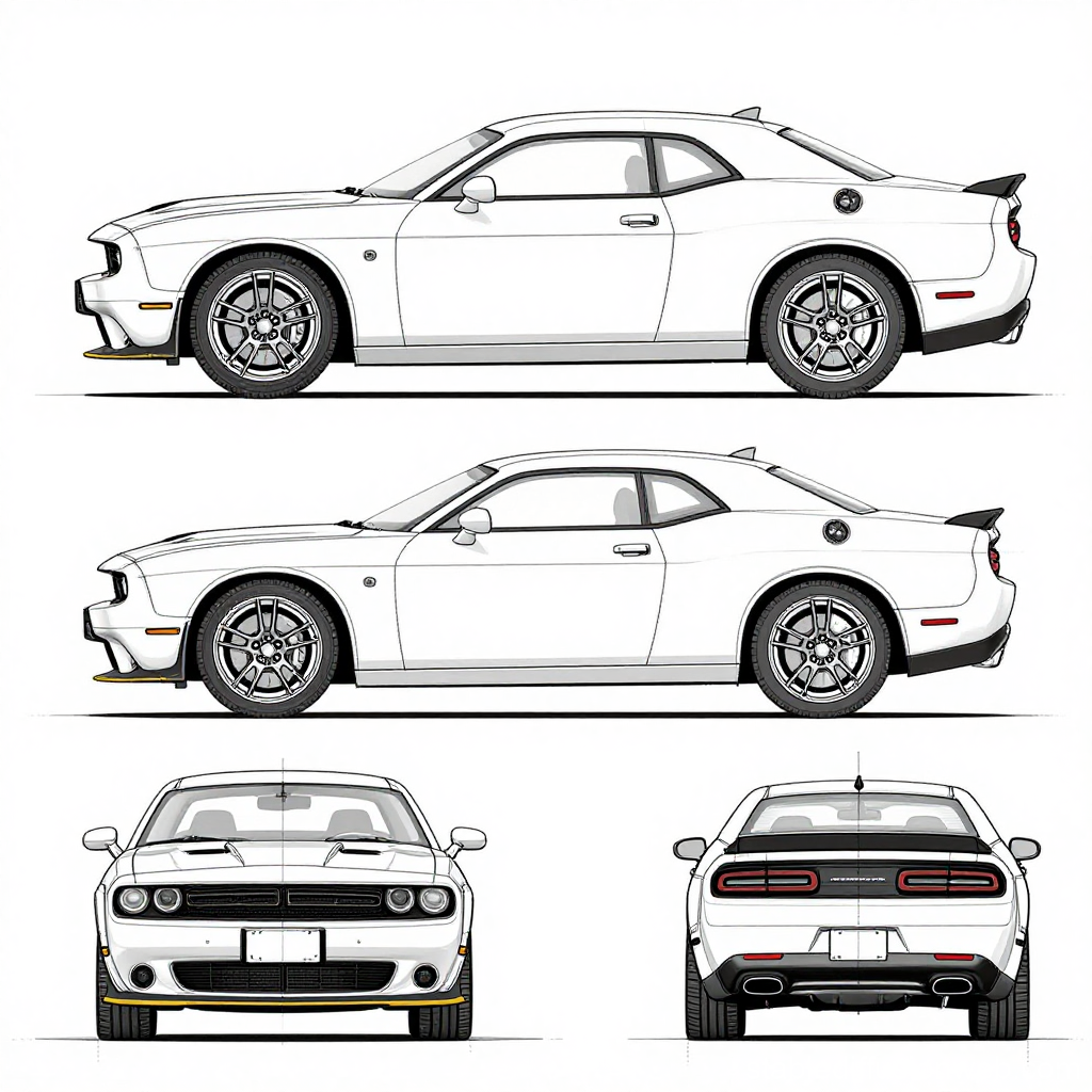Orthographic Technical Drawing of Dodge Challenger