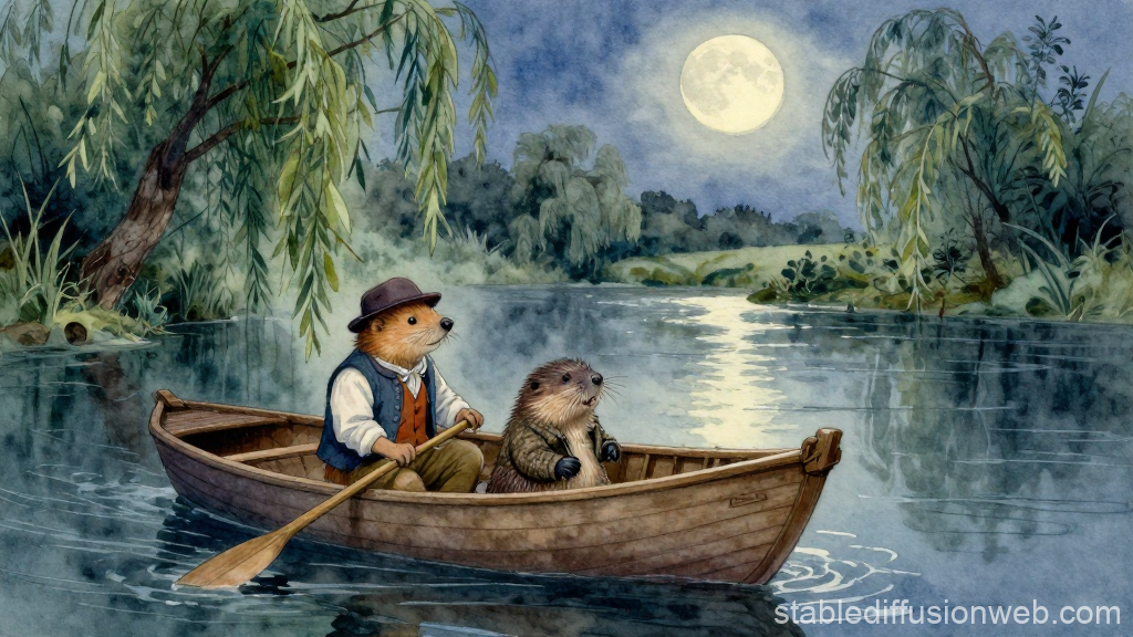 Otter and Mole Rowing Under the Moonlight