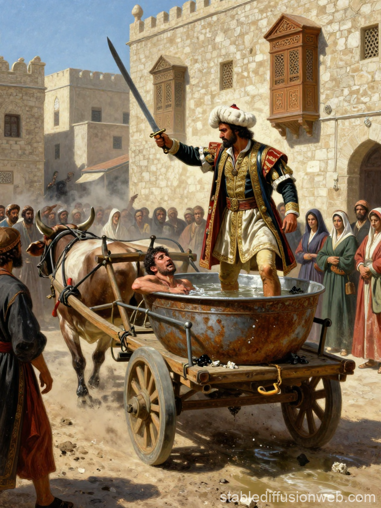 Ottoman Punishment Scene with Man in Cauldron and Sword