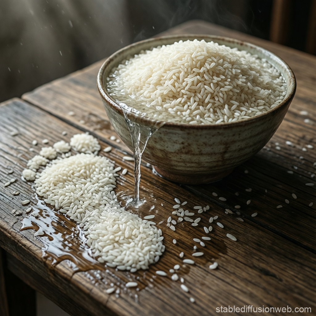 Overflowing Bowl of Rice with Water Spilling on Wooden Surface