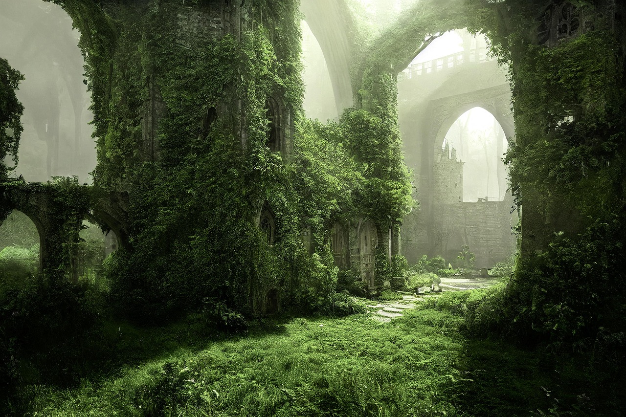 Overgrown Ancient Temple Ruins in Lush Greenery