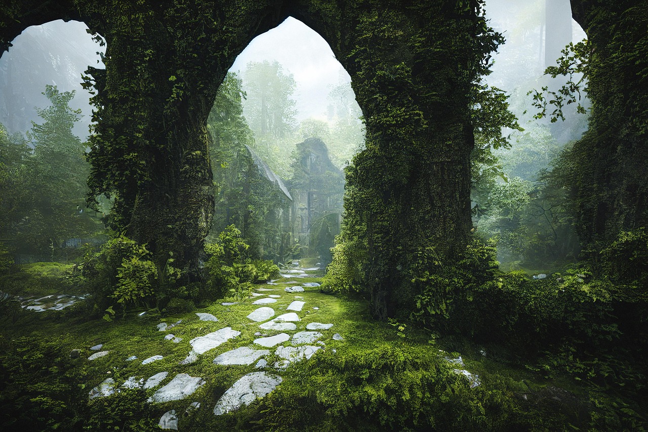 Overgrown Castle Ruins with Mossy Stone Path