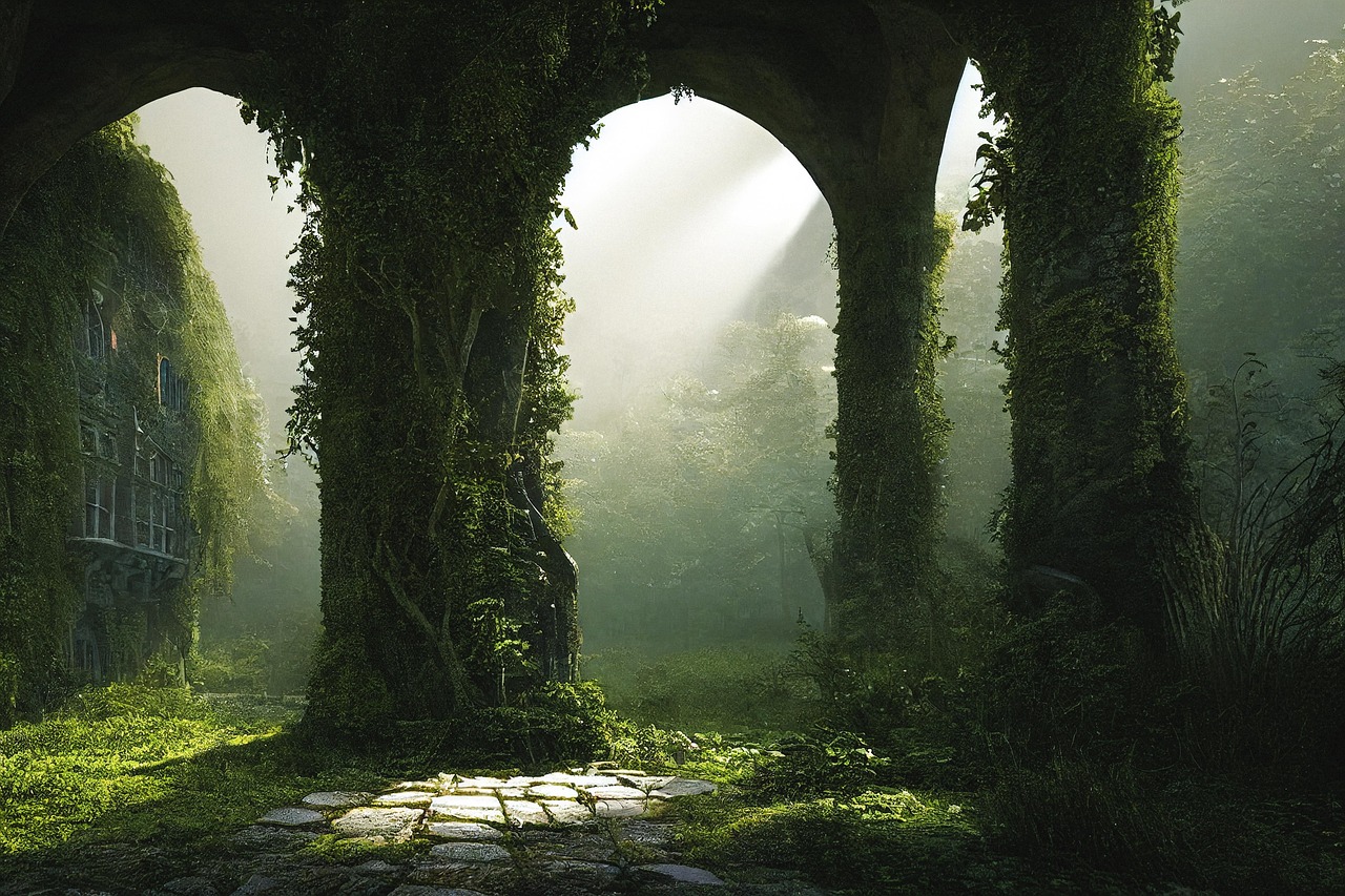 Overgrown Ivy-Covered Castle Ruins in Misty Forest