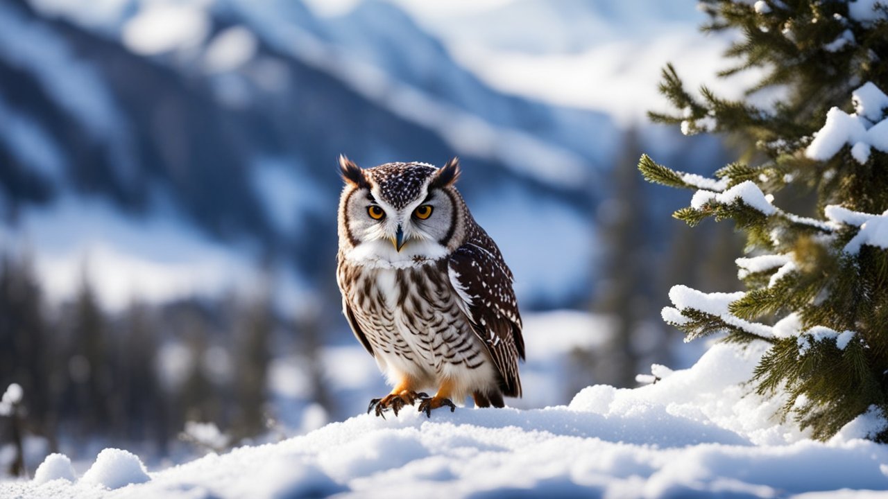 Owl Perched on Snow in Winter Forest