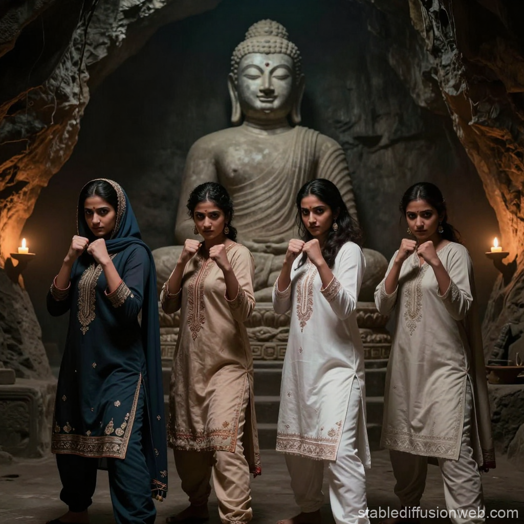Pakistani Women in Traditional Dress Posing Fiercely in Front of Buddha Statue