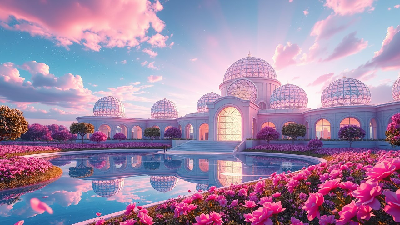 Palace with Transparent Domes at Sunset