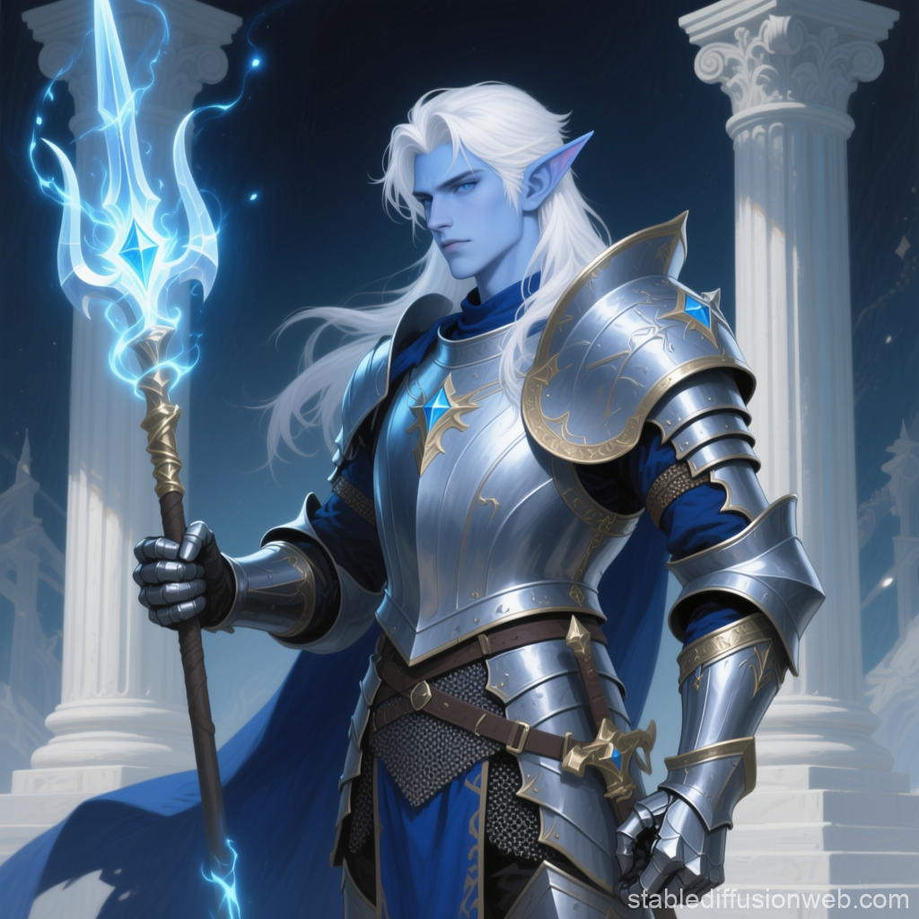 Pale Elf Battlemage with Glowing Spear in Ancient Temple
