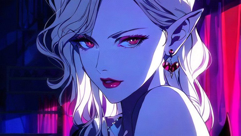 Pale Vampire Woman with Intense Red Eyes in Neon Light